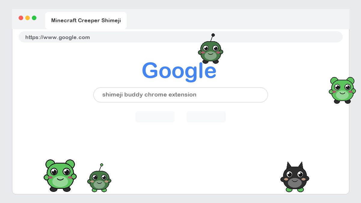 Minecraft Creeper Shimeji walking on a Google Chrome web page