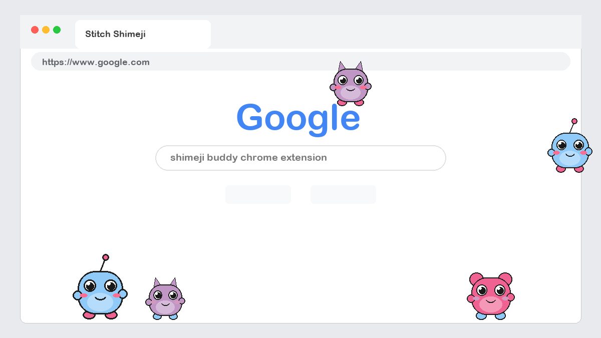 Stitch Shimeji walking on a Google Chrome web page